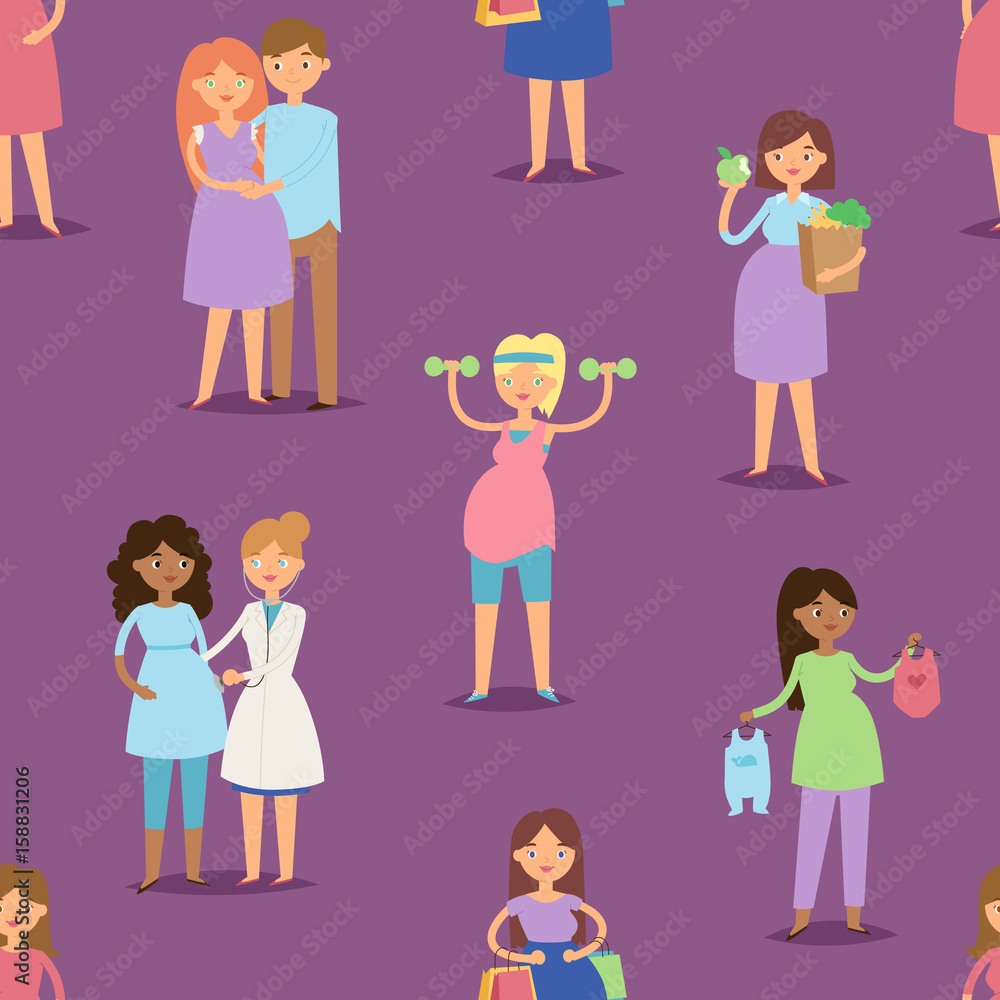 Pregnancy motherhood girl pregnant woman character lifeseamless pattern background vector illustration Pregnancy motherhood girl pregnant woman character lifeseamless pattern background vector illustration