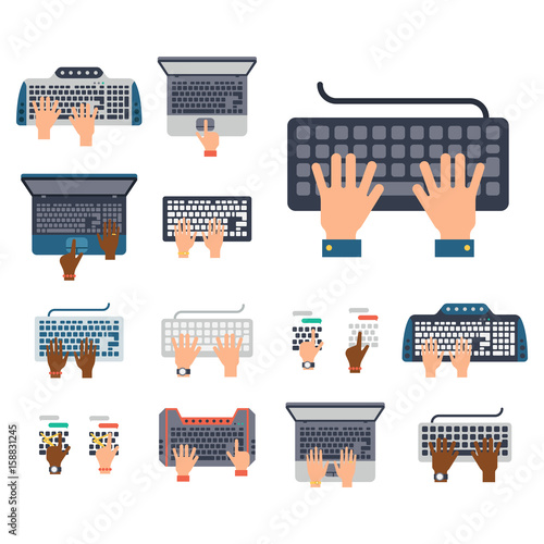 Users hands on keyboard and mouse of computer technology internet work typing tool vector illustration