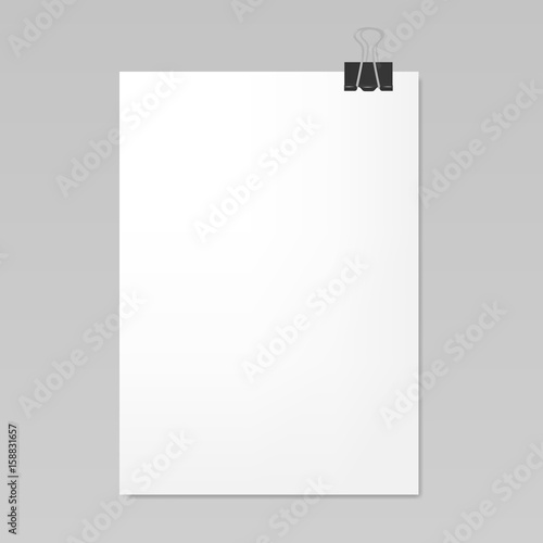 Blank white sheet of paper with clip, realistic mockup