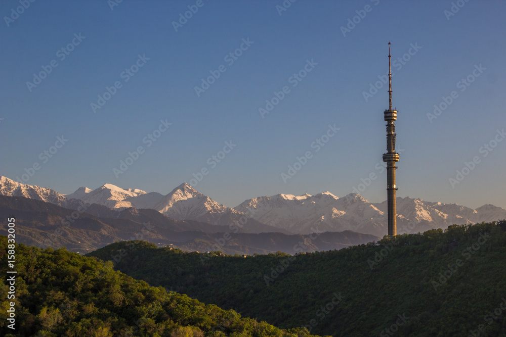 Kok Tobe hill and mountains view in spring, Almaty, Kazakhstan