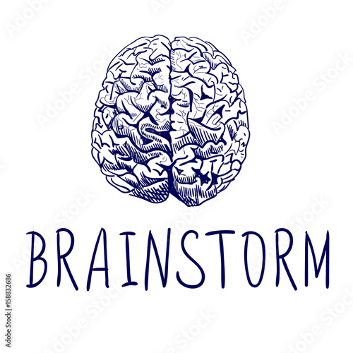 BRAINSTORM. Handwritten letters and outline drawing of human brain. Blue lines.