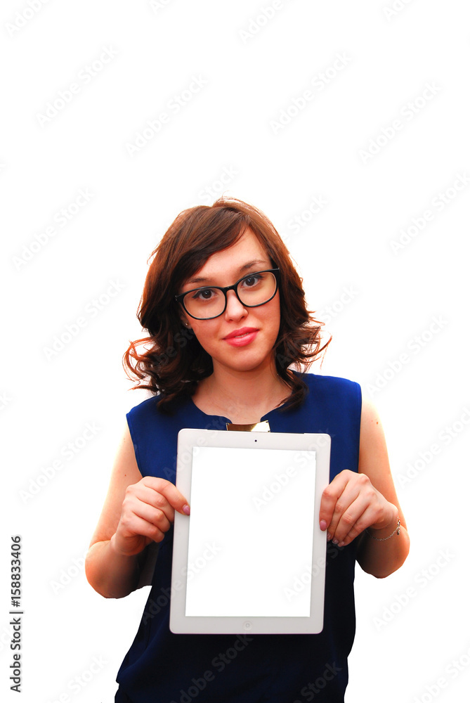 Girl holding an electronic tablet with white background Girl holding an electronic tablet with white background