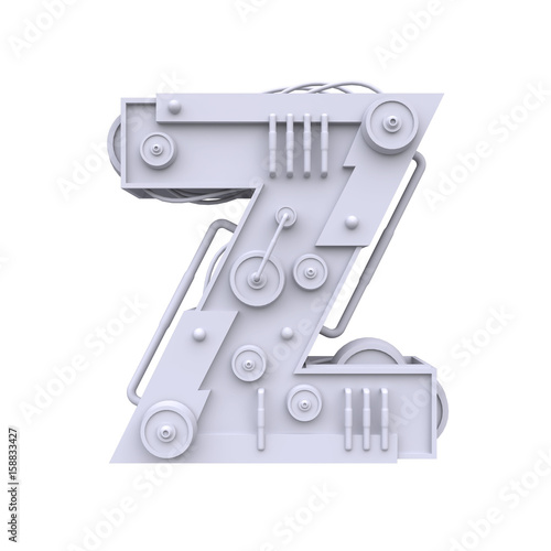 Iron mechanical letter isolated on white background. Futuristic industrial metal alphabet in sci fi or steampunk style. Realistic 3d render.