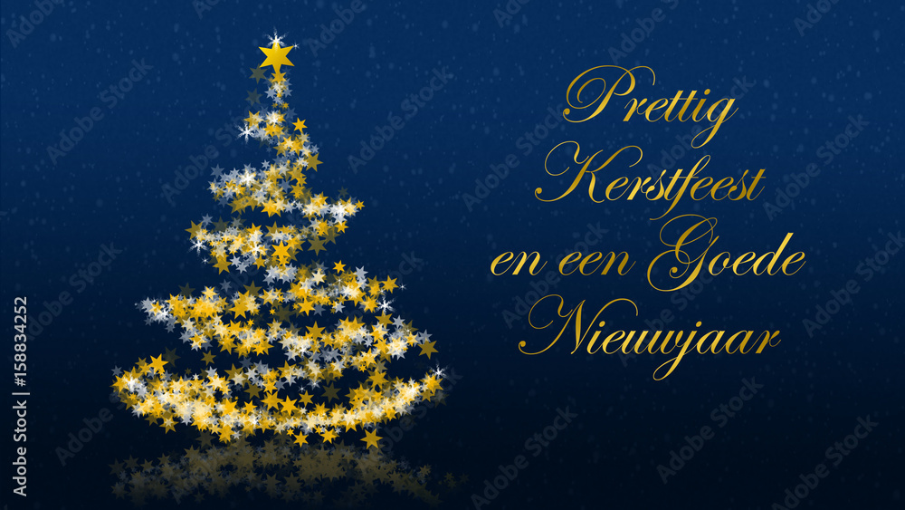 Christmas tree with glittering stars on blue background, dutch seasons greetings