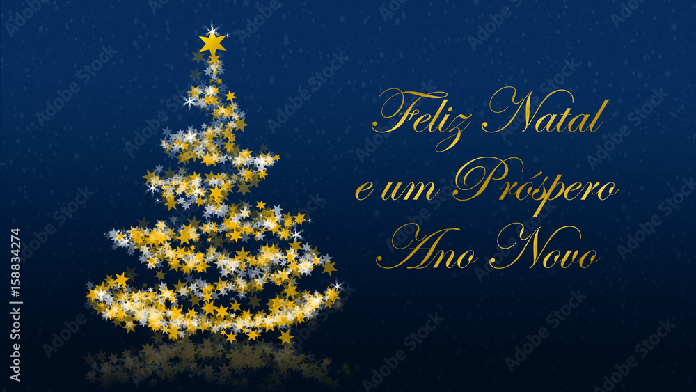 Christmas tree with glittering stars on blue background, portuguese seasons greetings