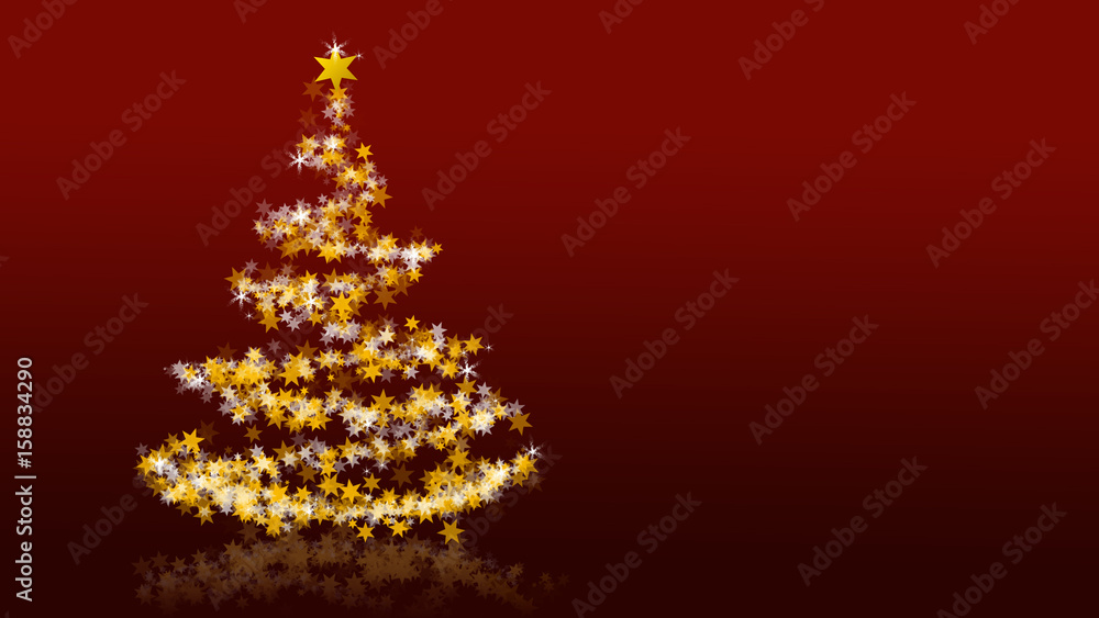 Christmas tree with glittering stars on red background