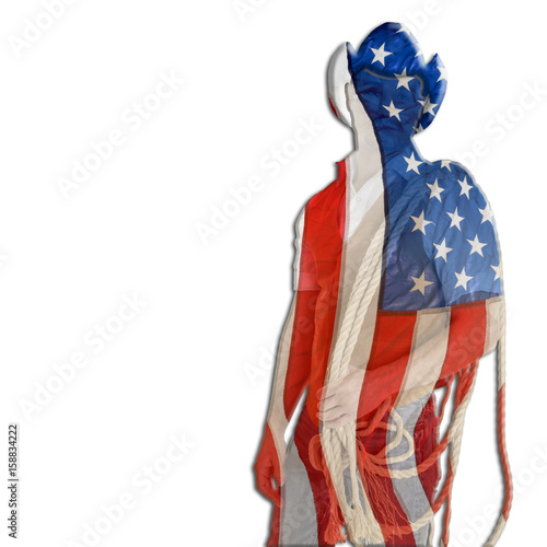  American Cowboy, wrapped in the American flag, isolated against the white background