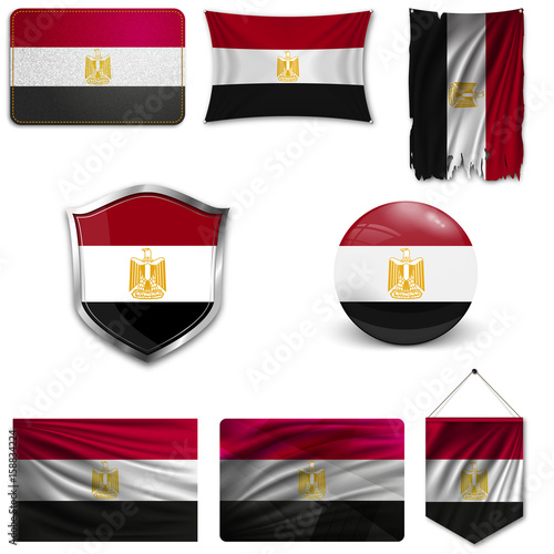 Set of the national flag of Egypt in different designs on a white background. Realistic vector illustration.