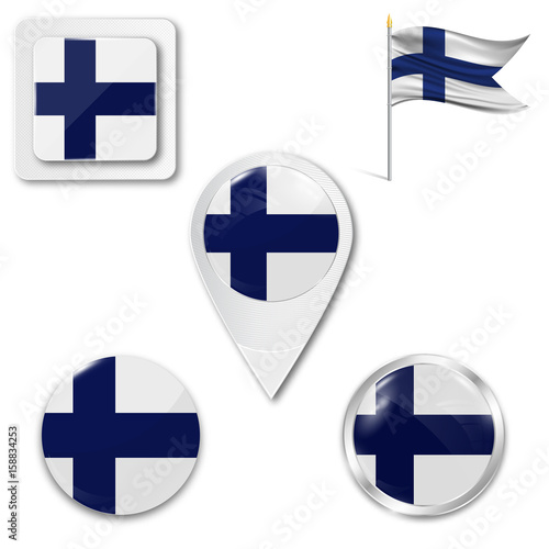 Set of icons of the national flag of Finland in different designs on a white background. Realistic vector illustration. Button, pointer and checkbox.