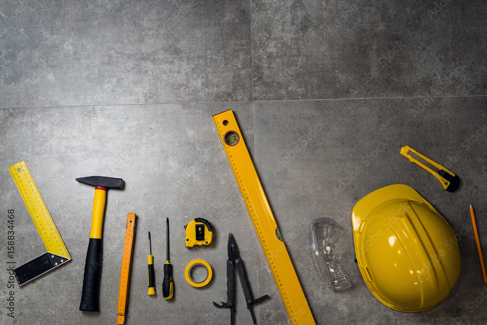 Yellow Constructor tools. - obrazy, fototapety, plakaty 