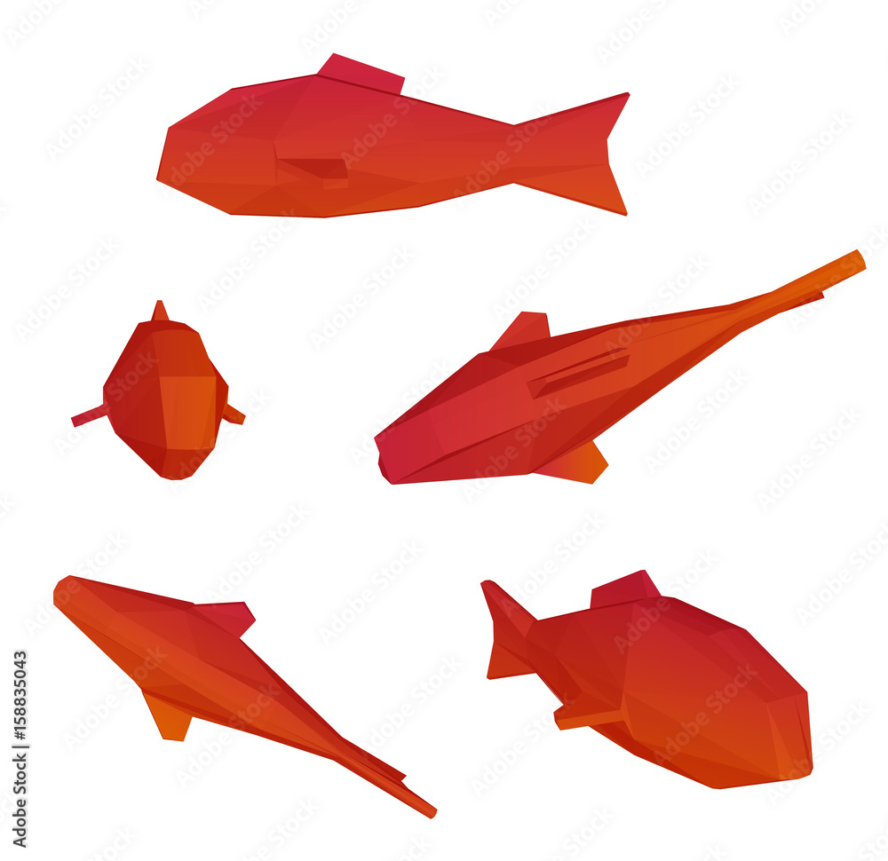 Set of polygonal cartoon red koi fish in realistic trendy craft style.  Paper cut modern origami design. Animal for greeting card, banner,  background. Vector illustration. Stock Vector | Adobe Stock