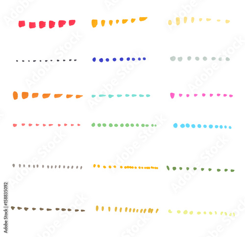 Set of hand drawn with marker colorful dash lines isolated on white background. Vector illustration.