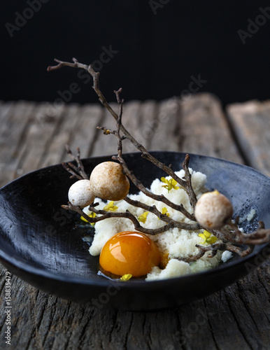 DigŸe–es desert dish, made of chirimoya alegre, mandarin and carrot cake, citrus pure and chirimoya snow at a restaurant, Barrio Vitacura, Santiago, Chile.