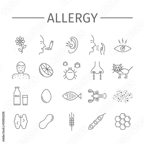 Allergy. Causes, symptoms. Line icons set. Vector signs