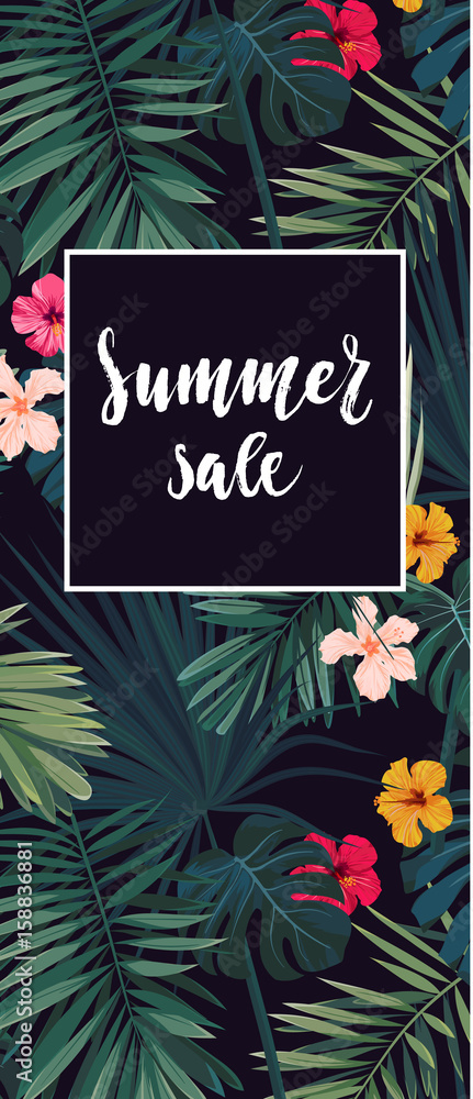 Fototapeta premium Floral vector sale design with hibiscus flowers and exotic palm leaves on dark background.