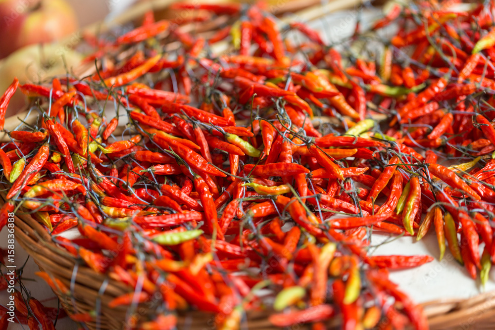 Fototapeta premium Red chili pepper (piri-piri) on famous market in Funchal (Mercado dos Lavradores), Madeira island, Portugal
