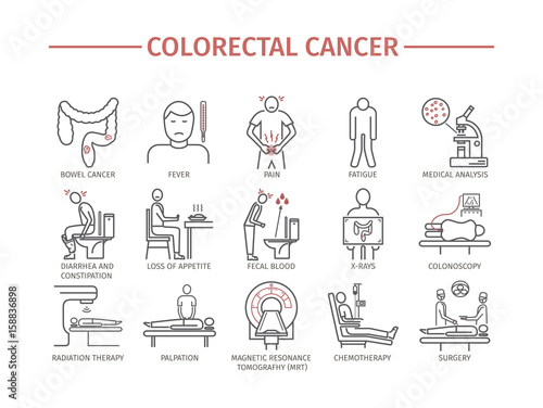 Colorectal Cancer Symptoms. Diagnostics. Line icons set. Vector signs