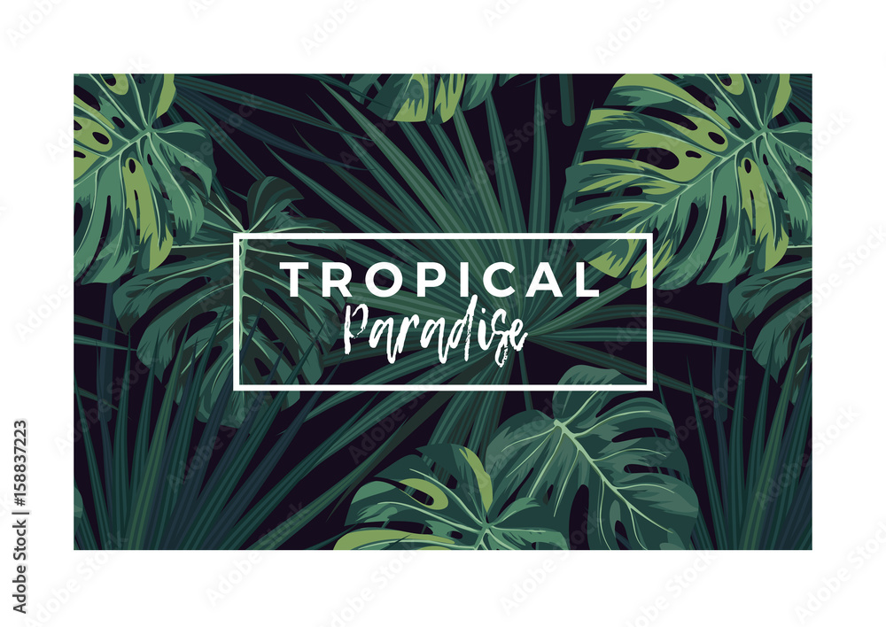 Naklejka premium Dark vector tropical typography design with green jungle palm leaves.