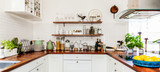 web banner of a wooden fancy kitchen counter top kitchen utensils