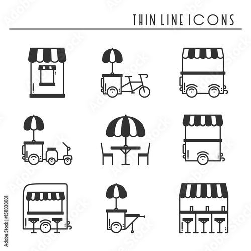 Street food retail thin line icons set. Food truck, kiosk, trolley, wheel market stall, mobile cafe, shop, tent, trade cart. Vector style linear icons. Isolated illustration. Symbols silhouette