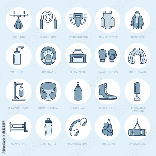 Boxing vector line icons. Punchbag, boxer gloves, ring, heavy bags, punching mitts. Sport training signs set, box championship pictogram with editable stroke for club, equipment store.