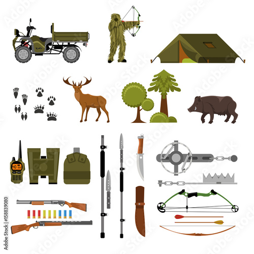 Hunting elements set. Flat vector kit