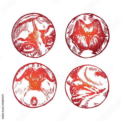 Symbolic circles  planets shapes with mysterious faces  lips and eyes  old fashioned woodcut style design  hand drawn doodle  sketch in pop art style  isolated vector illustration