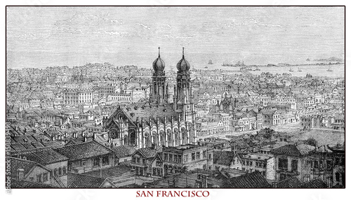 California, panoramic view of San Francisco, engraving from year 1873 before the 1906 earthquake which destroyed over 80% of the city