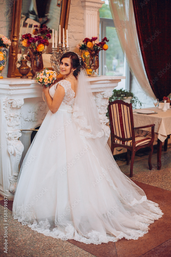 Elegant wedding dress. Gorgeous bride. The bride in a luxurious apartment.