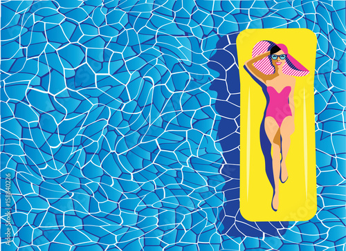 Beautiful young woman tanning in the pool, with sunglasses, hat, retro style. Pop art. Summer holiday. Vector eps10 illustration 