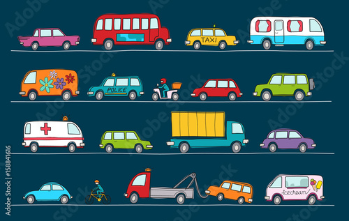 Hand drawn doodle cartoon collection of colorful cars and transportation