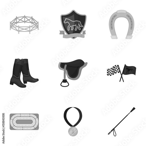 Races on horseback, hippodrome. Horse racing and equipping riders.Hippodrome and horse icon in set collection on monochrome style vector symbol stock illustration.