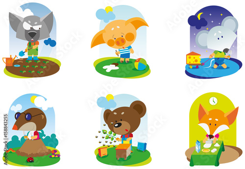 Cartoon character of Baby Animals. Fox is cook. Bear is beekeeper. Wolf is gardener. Mole ready for dinner. Pig dinner dropped the ice cream.Mouse carries a piece of cheese.