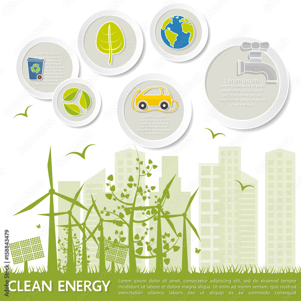 Concept of environmental protection and conservation - windmills, solar  batteries, electric cars, clean energy, waste recycling Stock Vector