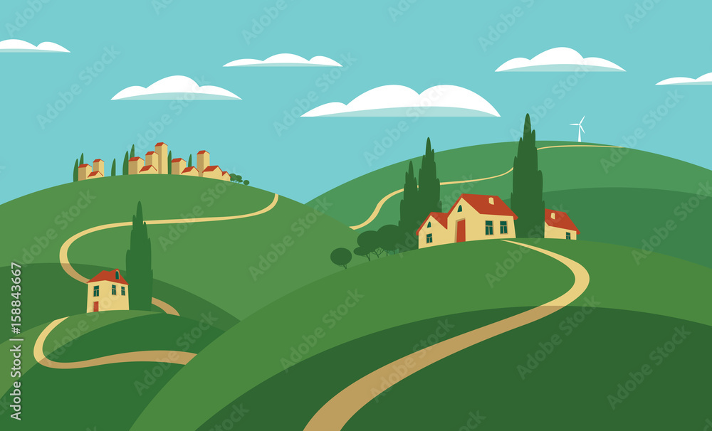 Vector illustration rural European village scene. Landscape with hills, roads, settlements and sky with clouds in flat style