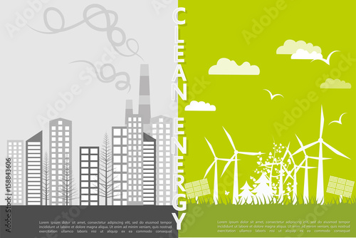 The concept of a polluted city with waste in the environment and clean nature with windmills