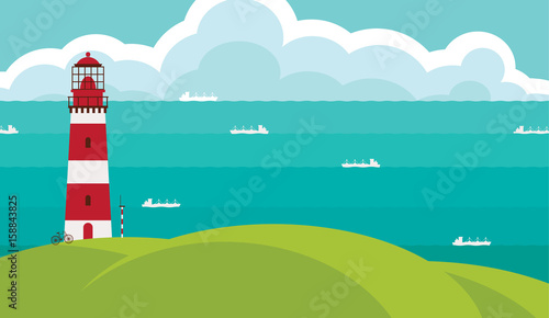 Seascape with lighthouse on the hill above the water. Vector illustration with hills, sea, ships and sky with clouds in flat style.
