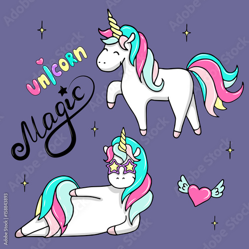 Hand drawn illustration of magic unicorns. Vector isolated illustration