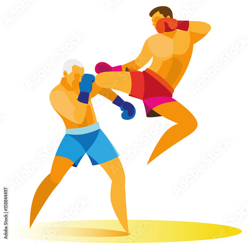 Athlete is a kickboxer who performs a high kick in the jump