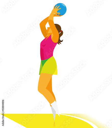 a young girl is a netball player that  throwing the ball in the ring