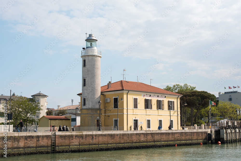 Lighthouse in the canal harbor of Cesenatico. Romagna coast