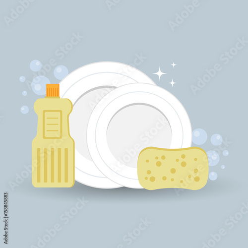 Vector illustration, clean washed dishes, dish detergent and sponge in the foam. photo