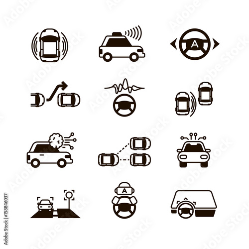 Car self control, futuristic driving intelligent vehicle systems vector icons