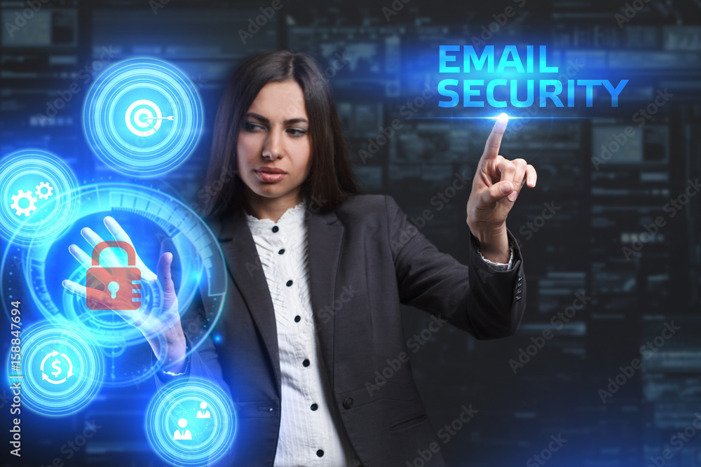 The concept of business, technology, the Internet and the network. A young entrepreneur working on a virtual screen of the future and sees the inscription: Email security The concept of business, technology, the Internet and the network. A young entrepreneur working on a virtual screen of the future and sees the inscription: Email security