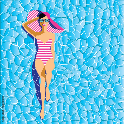 Beautiful young woman tanning in the pool, with sunglasses, hat, retro style. Pop art. Summer holiday. Vector eps10 illustration 