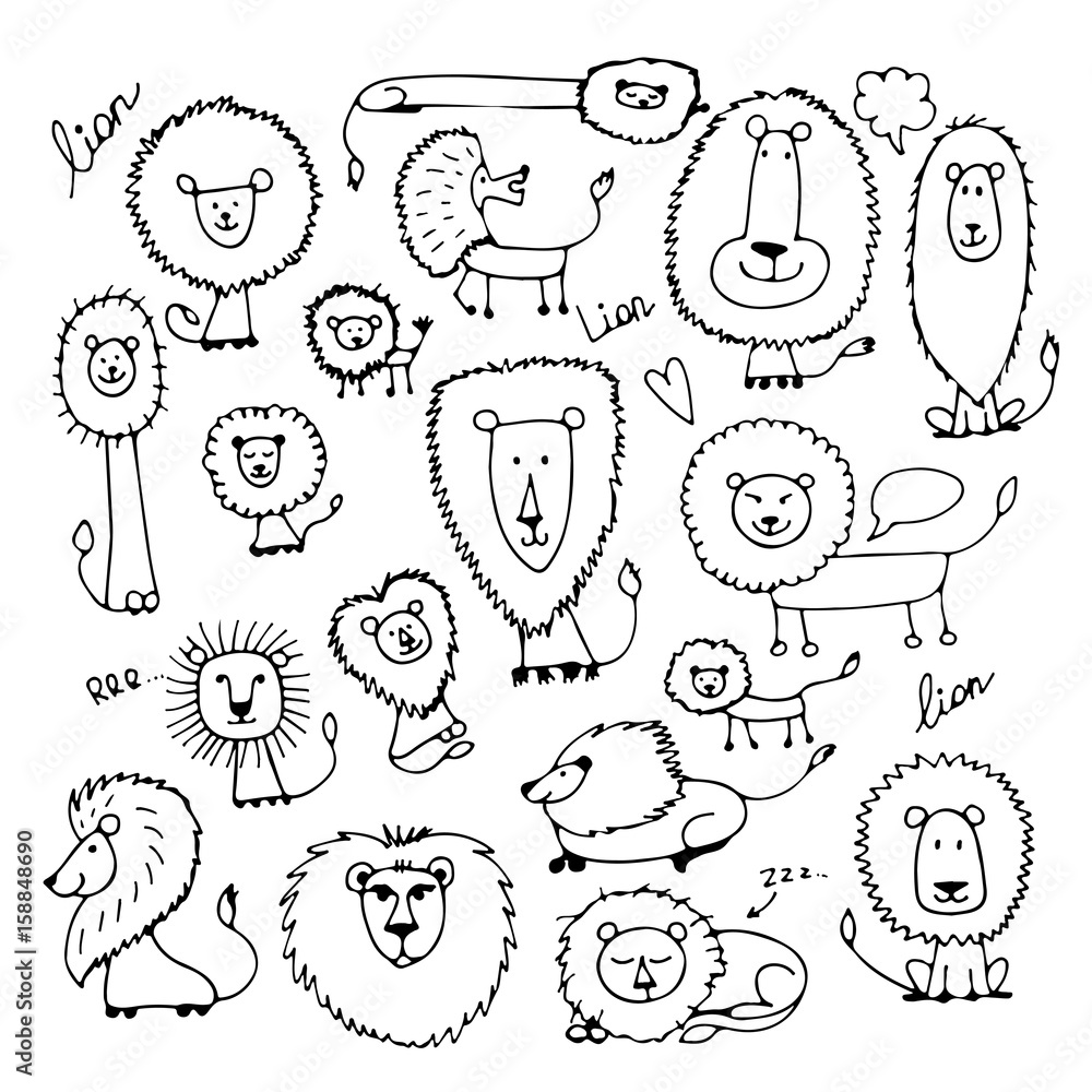 Naklejka premium Funny lions, sketch for your design