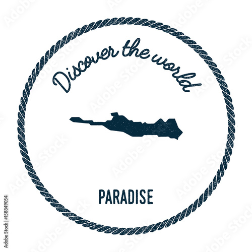 Paradise Island map in vintage discover the world insignia. Hipster style nautical postage stamp, with round rope border. Vector illustration.