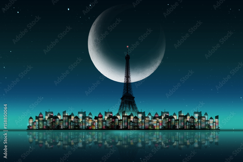 Silhouette of Eiffel tower ans city with night sky background 

