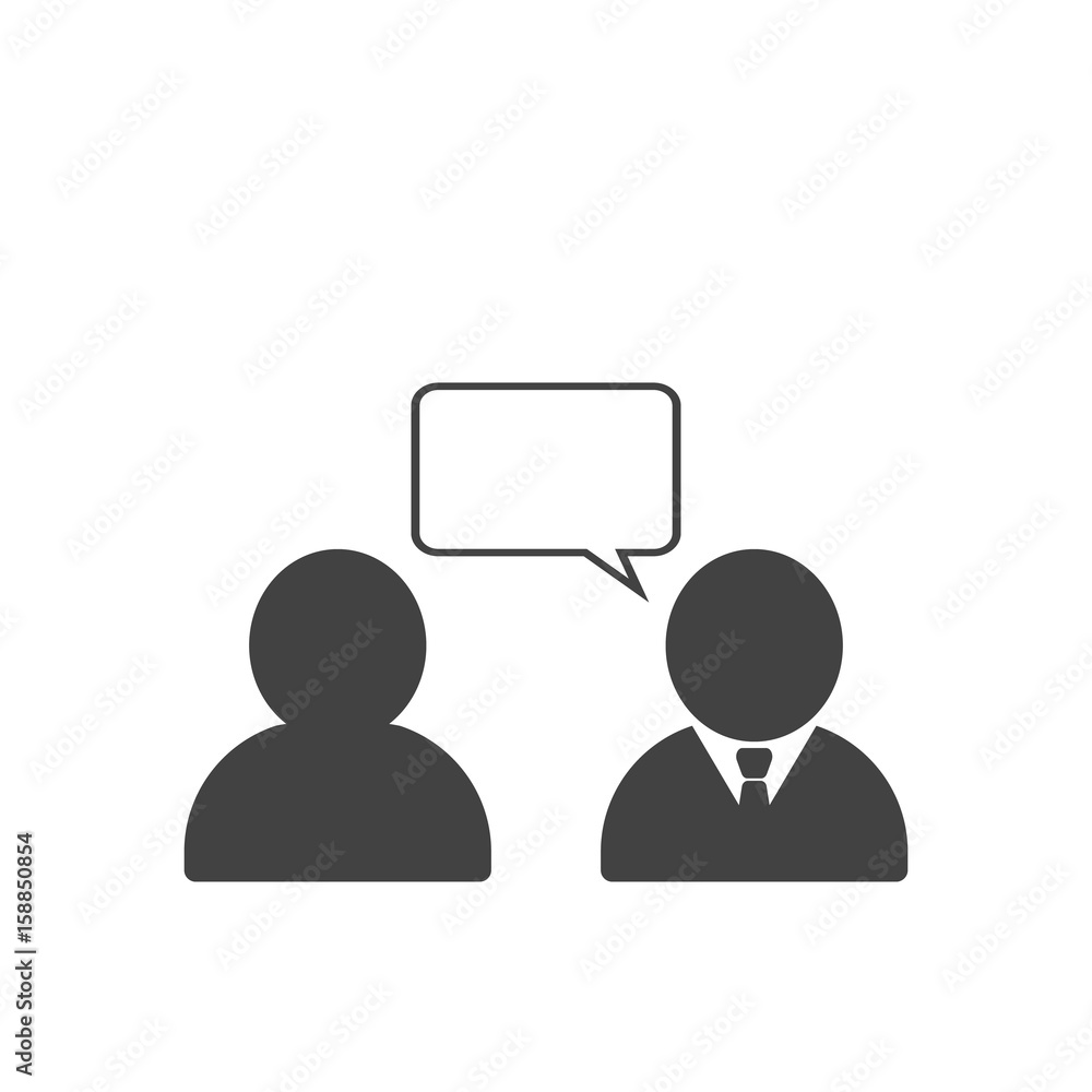 Figures of customer and employee. Businessman telling information to customer. Bubble with template for text. Flat style clipart. Vector illustration Figures of customer and employee. Businessman telling information to customer. Bubble with template for text. Flat style clipart. Vector illustration