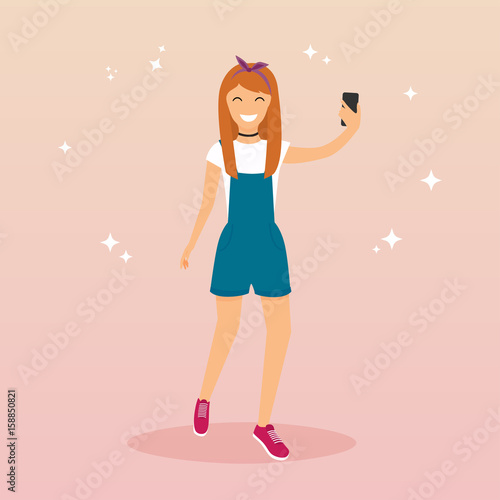 Hipster girl taking a selfie with mobile phone. Concept of new trends and technology. Vector illustration.